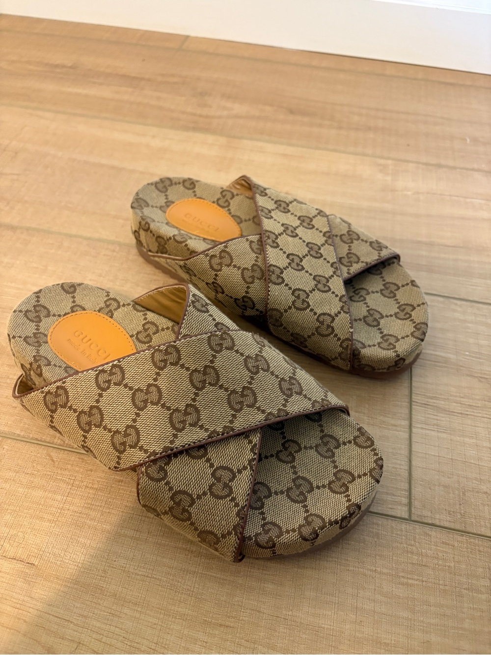 Gucci Brown Beige GG Canvas Crisscross Slide Sandals